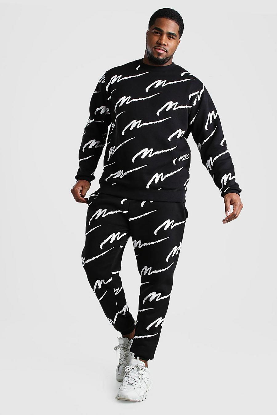 Black Plus Size All Over MAN Print Tracksuit image number 1