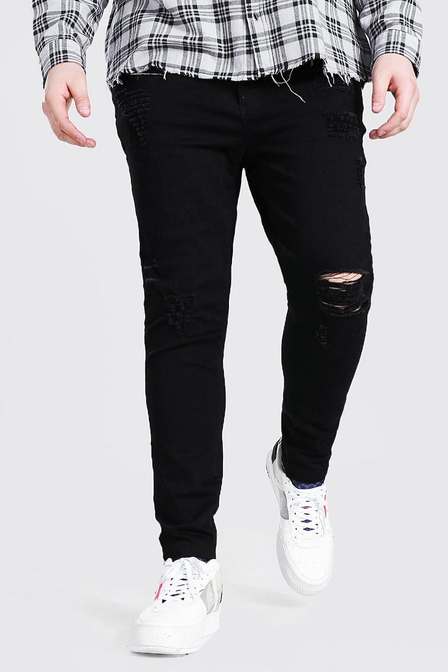 שחור סקיני ג'ינס עם מכפלת גולמית לגברים גבוהים וגדולים image number 1