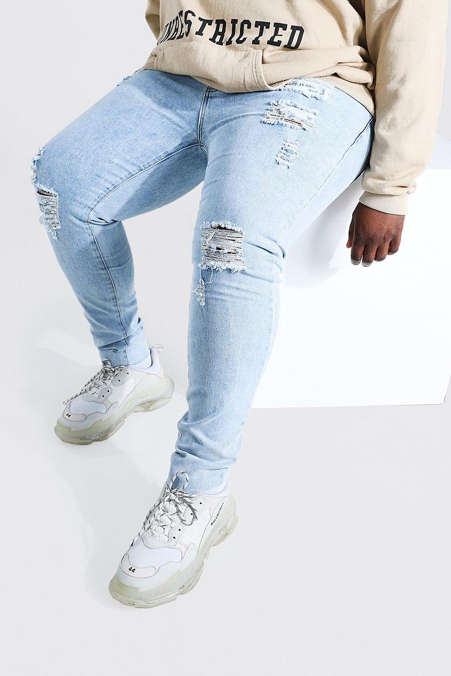 כחול חיוור סקיני ג'ינס עם מכפלת גולמית לגברים גבוהים וגדולים  image number 1