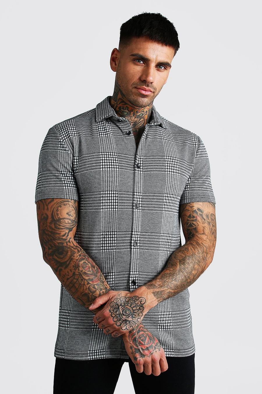 Grey Muscle Fit Short Sleeve Jacquard Check Shirt image number 1