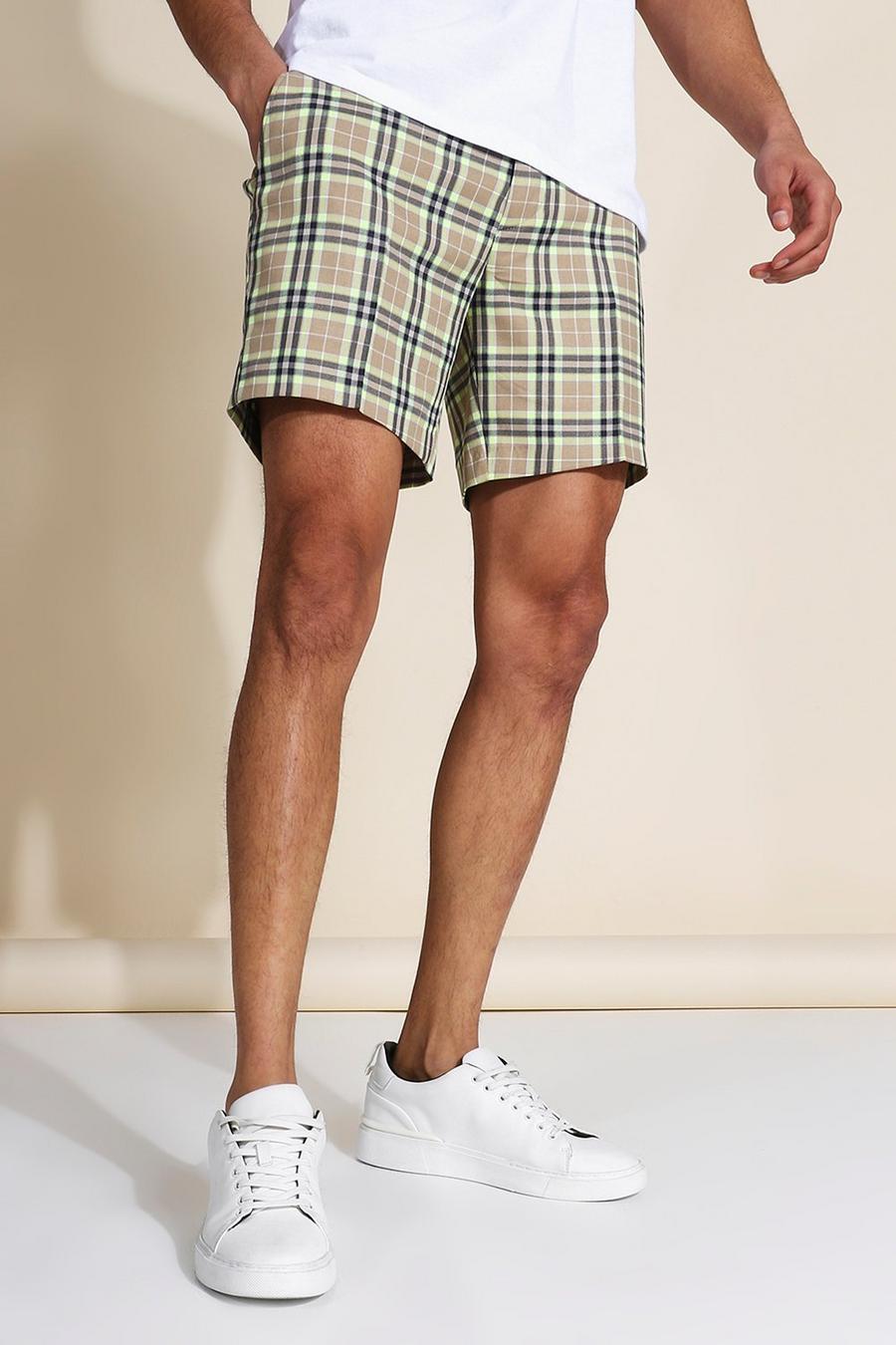 Neon-yellow Fixed Waistband Check Mid Length Short image number 1