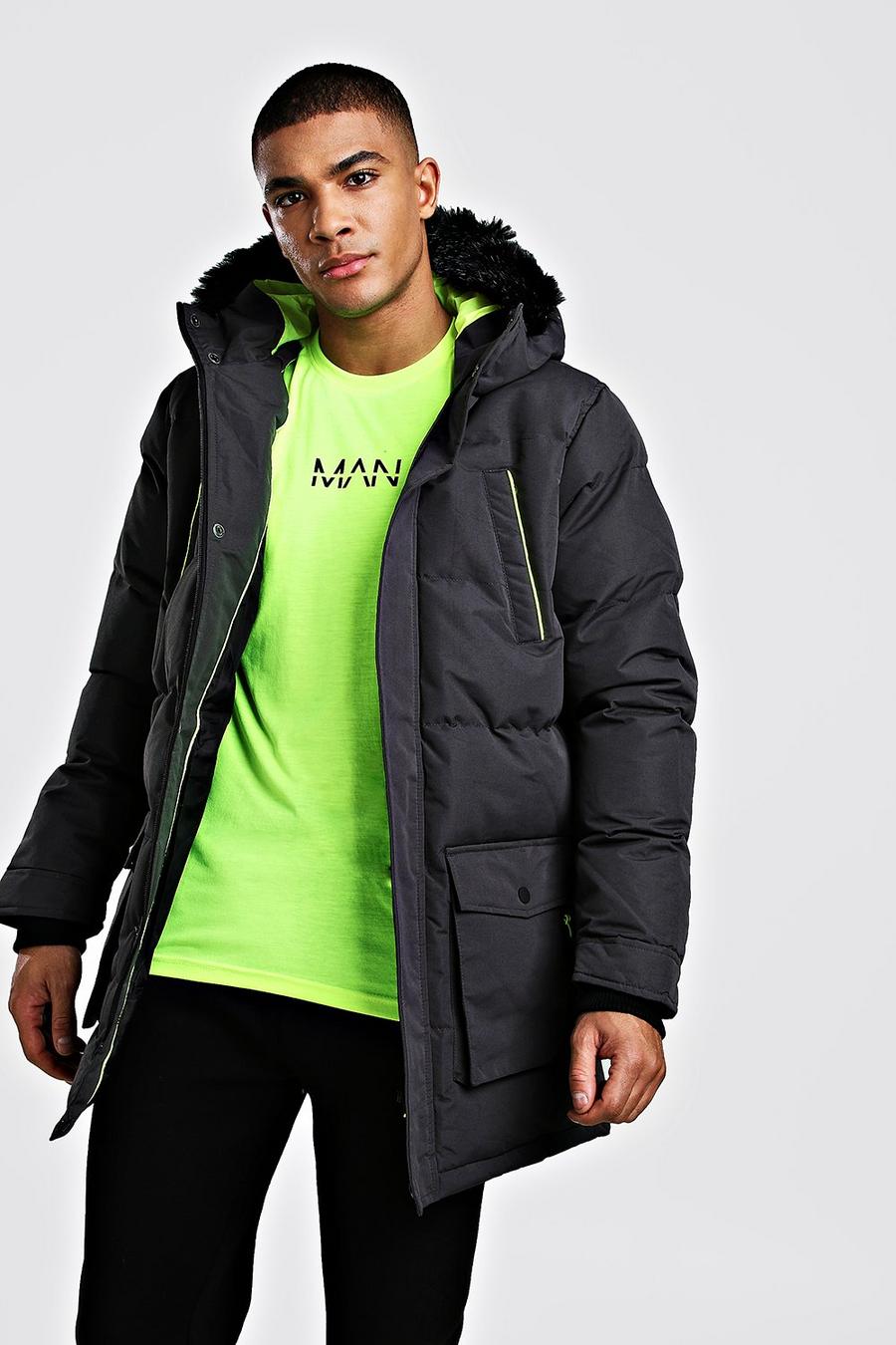 Charcoal grey Padded Puffer Parka Neon Trims image number 1