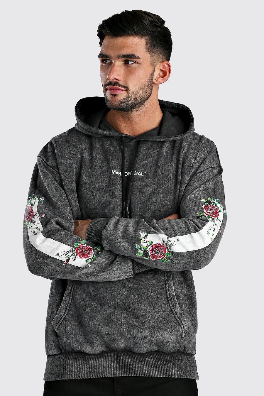 Oversize hoodie med stentvättad effekt och mönstrade ärmar image number 1