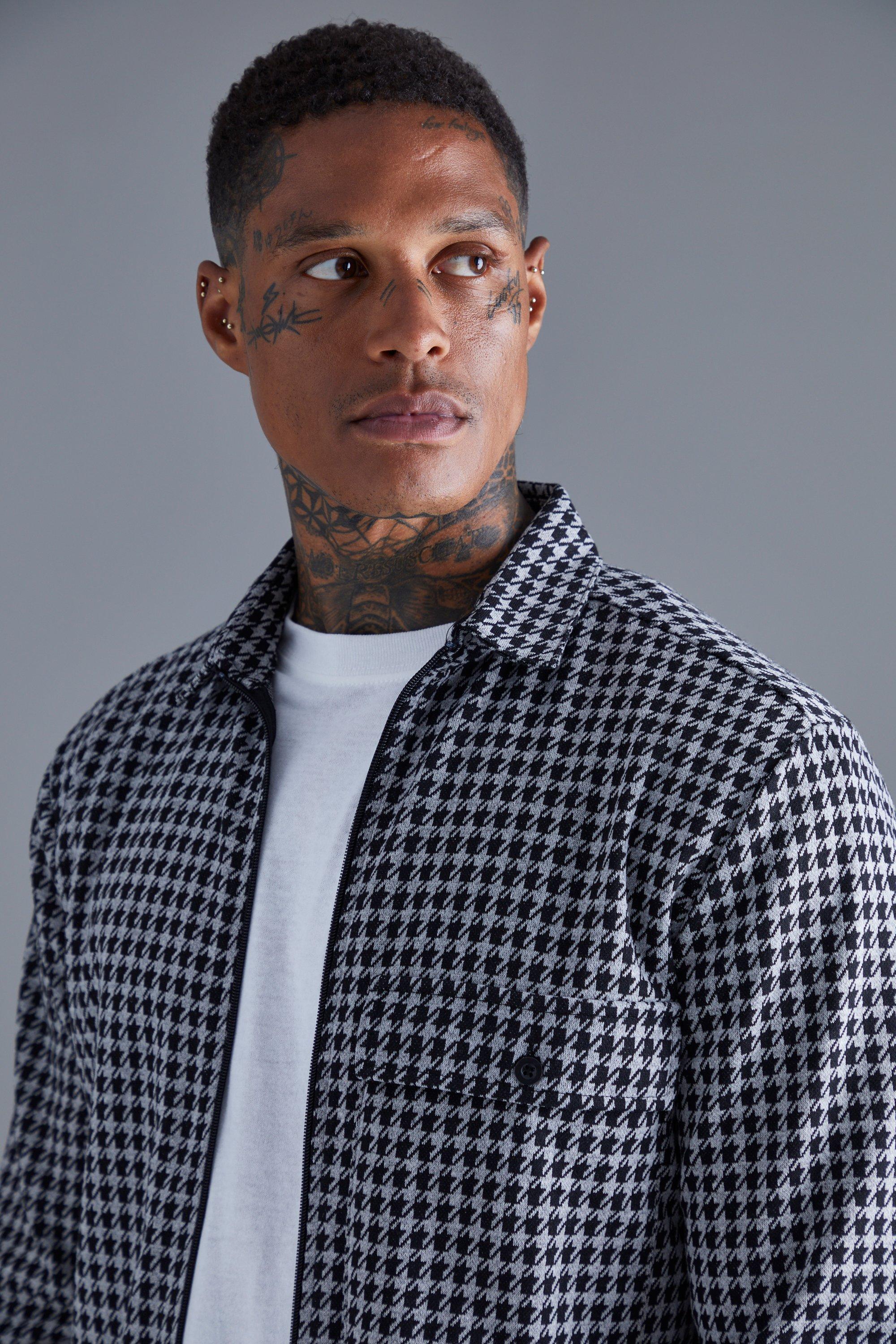 Men's Dogtooth Jacquard Zip Through Shirt Jacket | boohoo