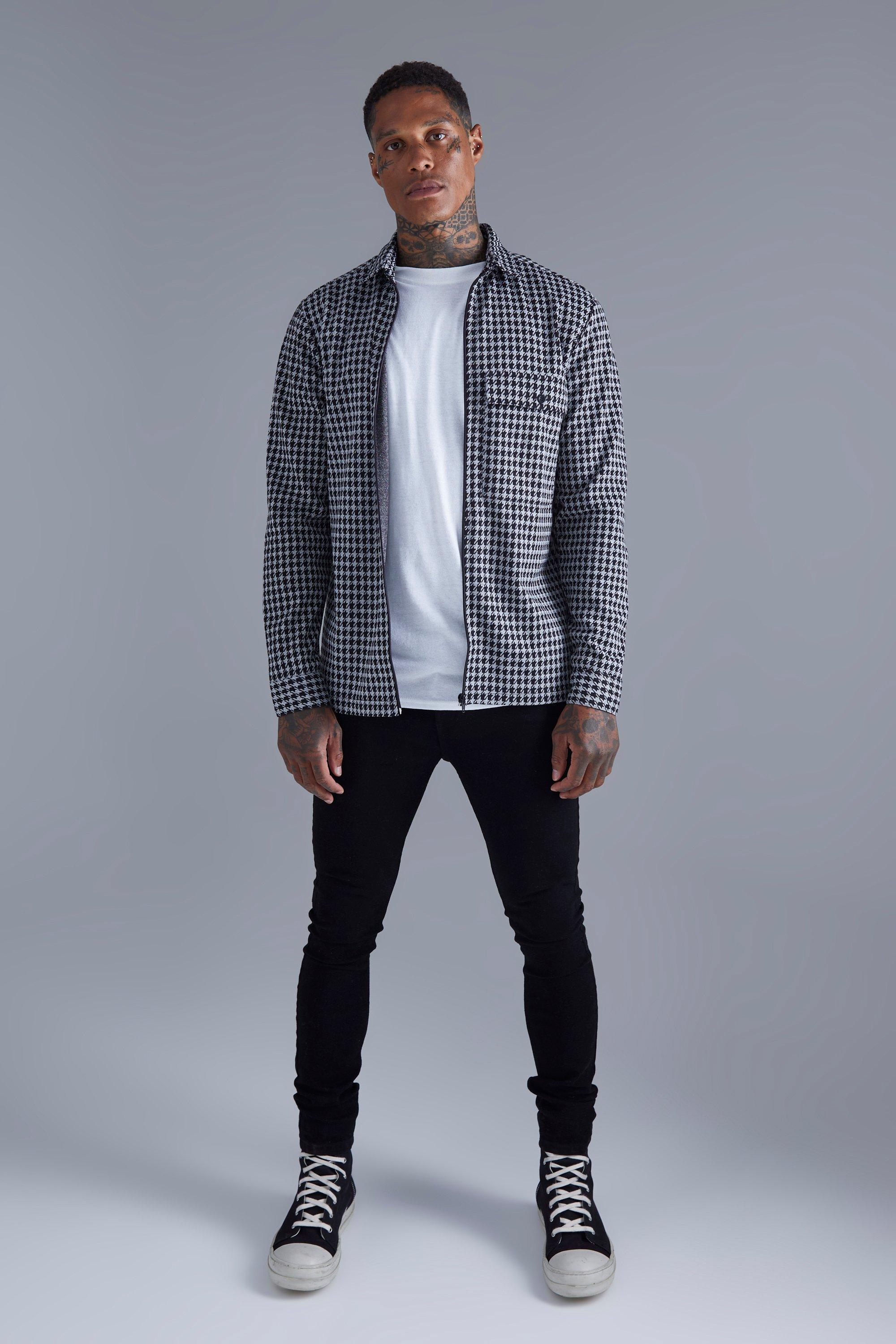 Dogtooth Jacquard Zip Through Overshirt | boohoo