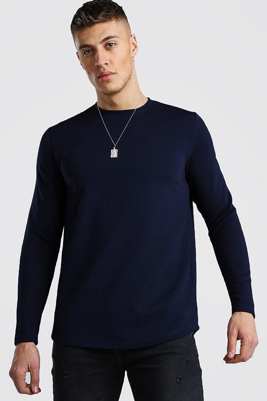 Navy Long Sleeve Waffle T-Shirt With Curved Hem image number 1