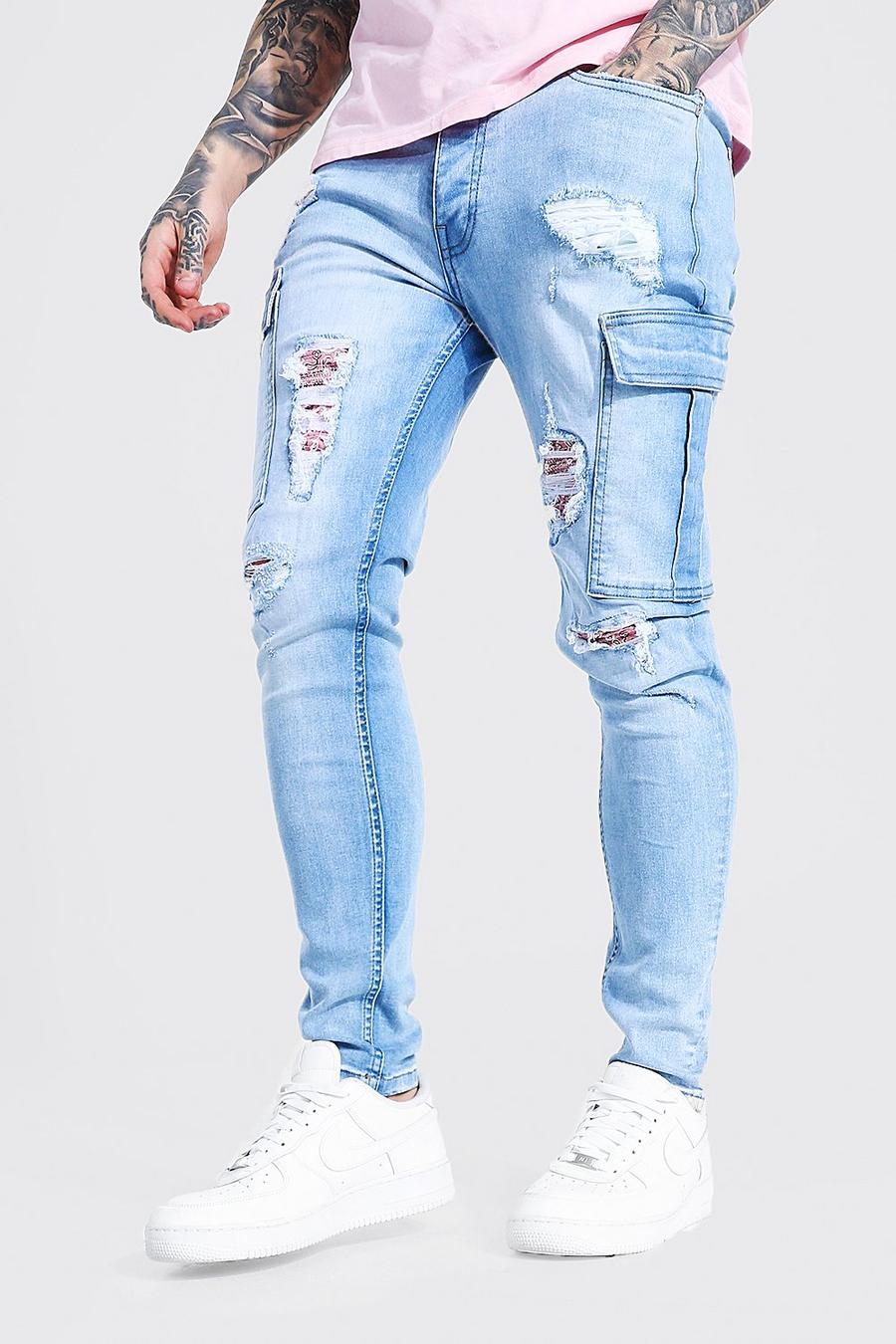 כחול קרח סקיני ג'ינס דגמ"ח נמתח בסגנון אופנוענים עם קרעים וטלאים image number 1