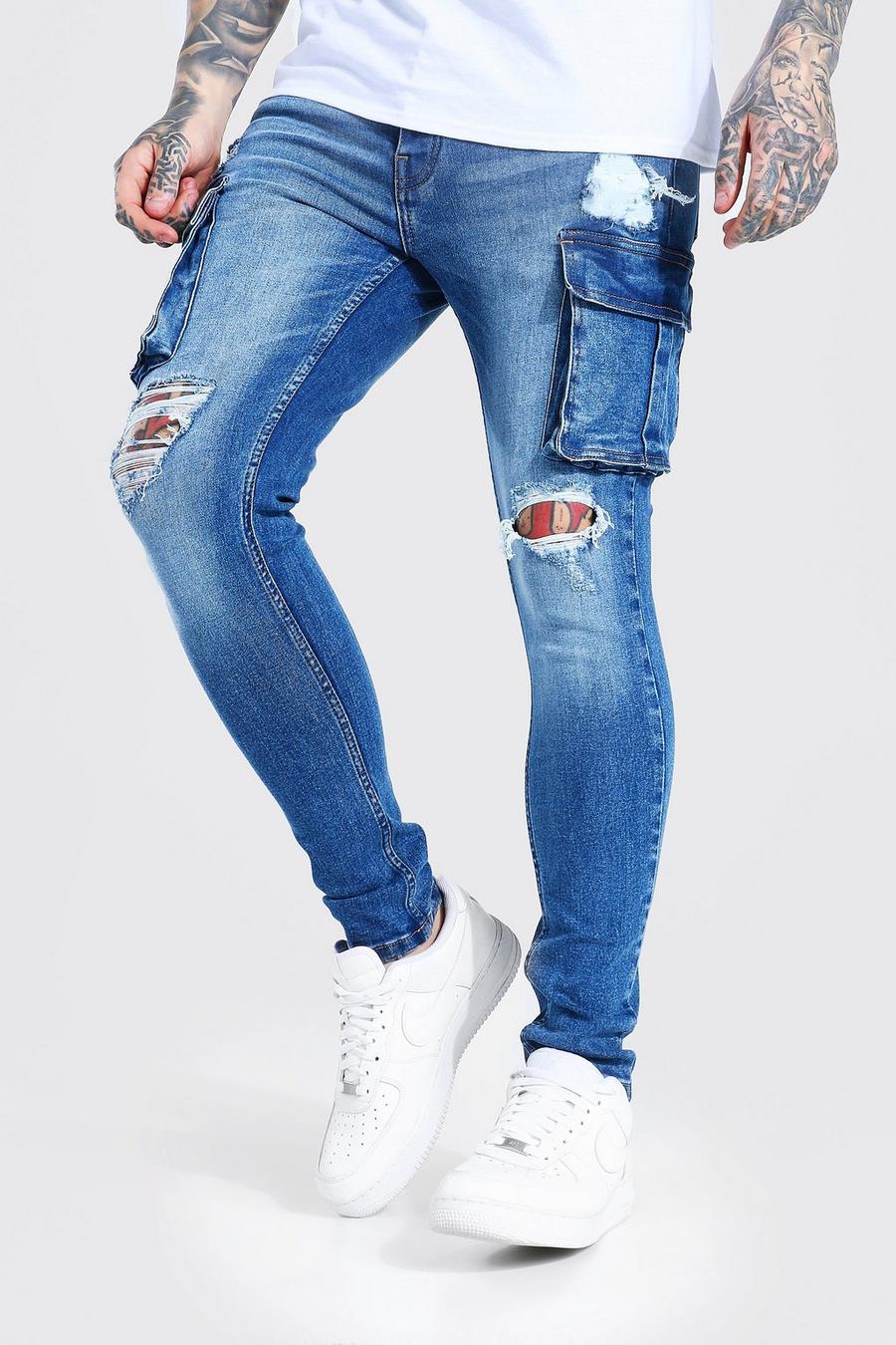 Mid blue Gescheurde Cargo Super Skinny Jeans image number 1