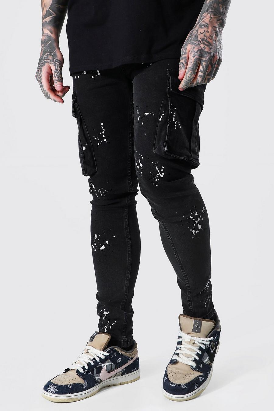 Washed black Super Skinny Bleach Splatter Cargo Jean image number 1