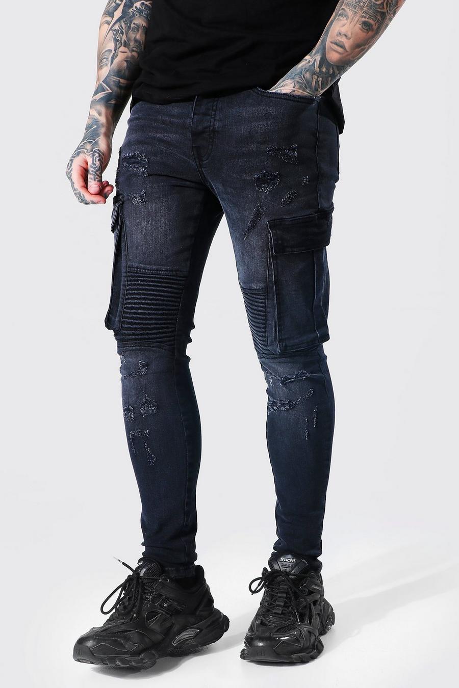 Washed black Skinny Stretch Abrasion Biker Cargo Jeans image number 1