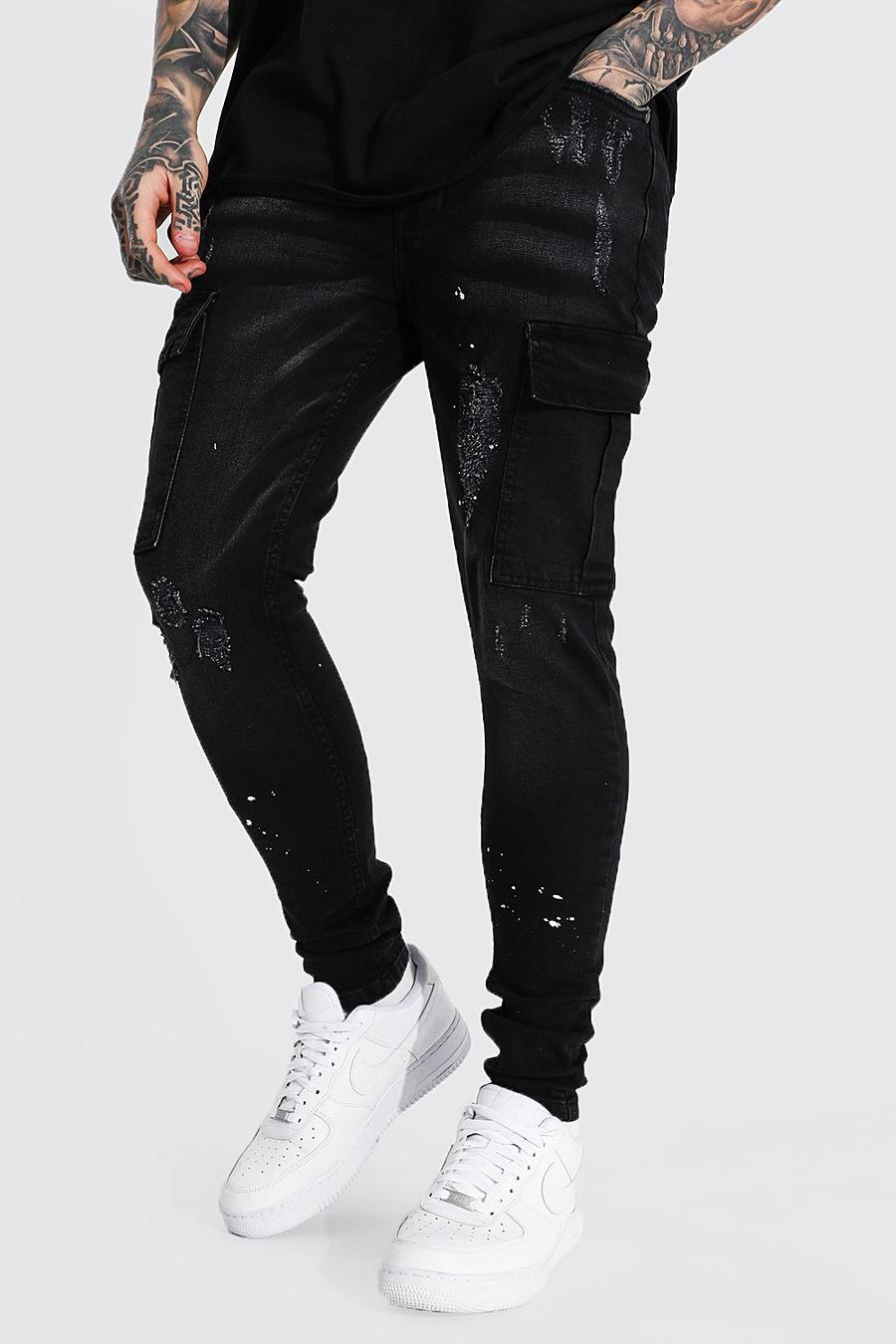 Washed black Super skinny jeans med färgstänk och cargofickor