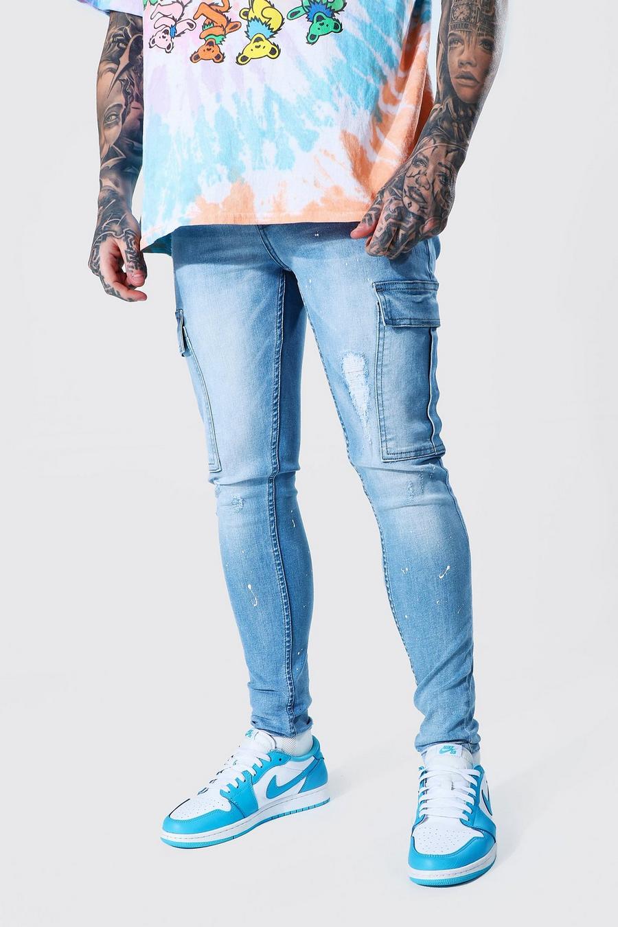 Ice blue Super Skinny Cargo Jean With Paint Splatter image number 1