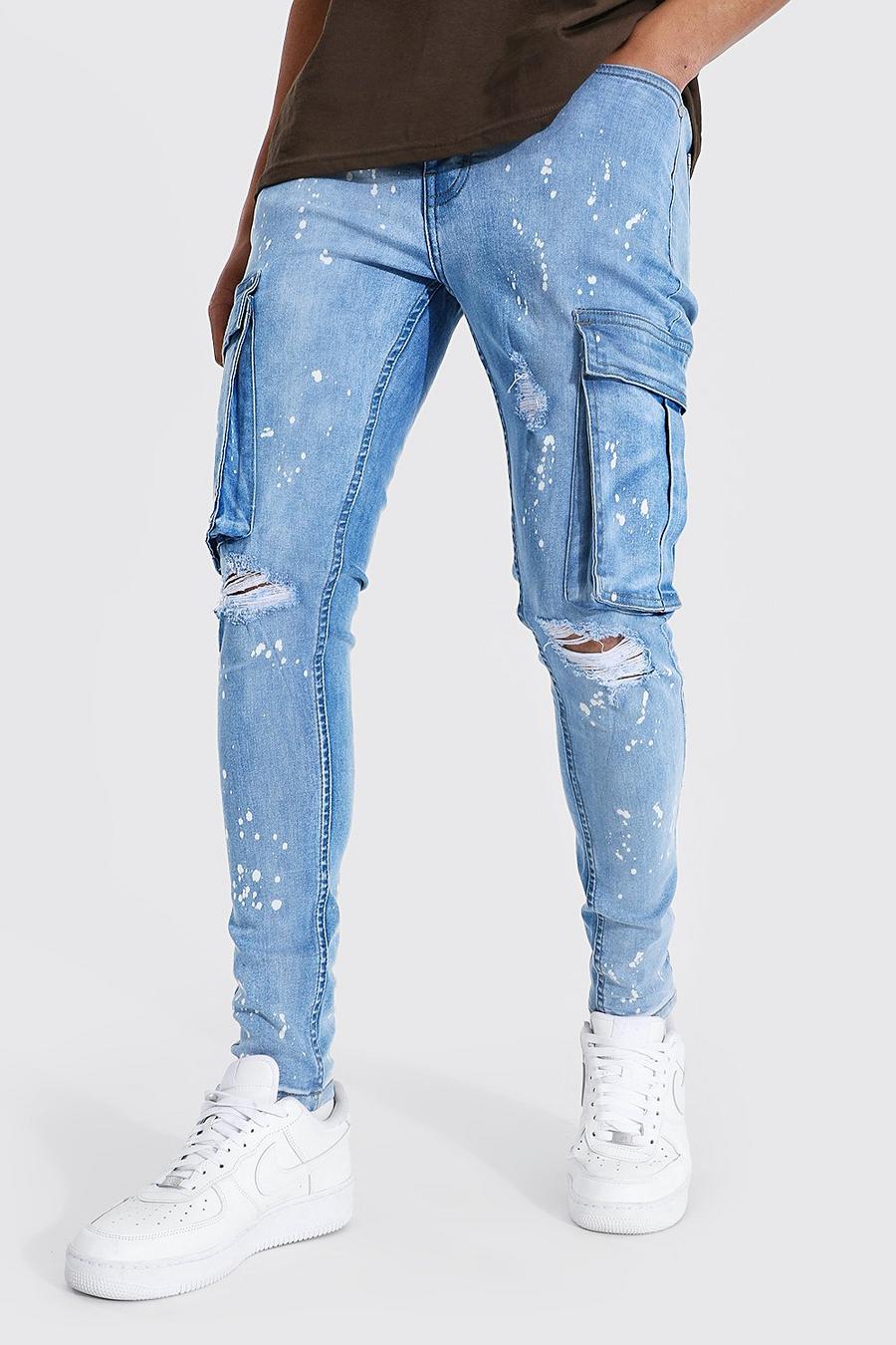Light blue Super skinny jeans med cargofickor och blekt effekt image number 1
