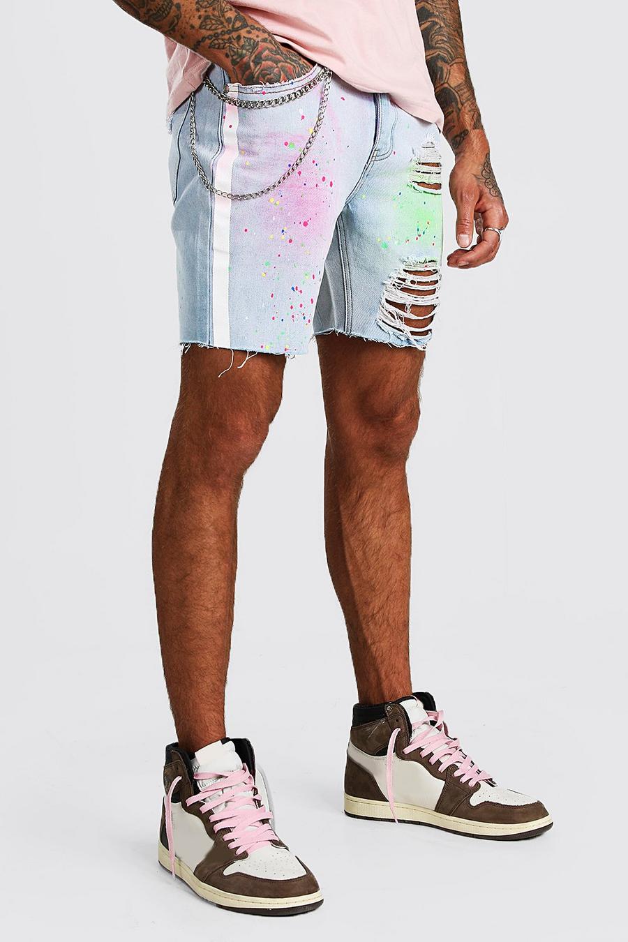 Slim Fit Spray Paint Denim Shorts With Chain image number 1
