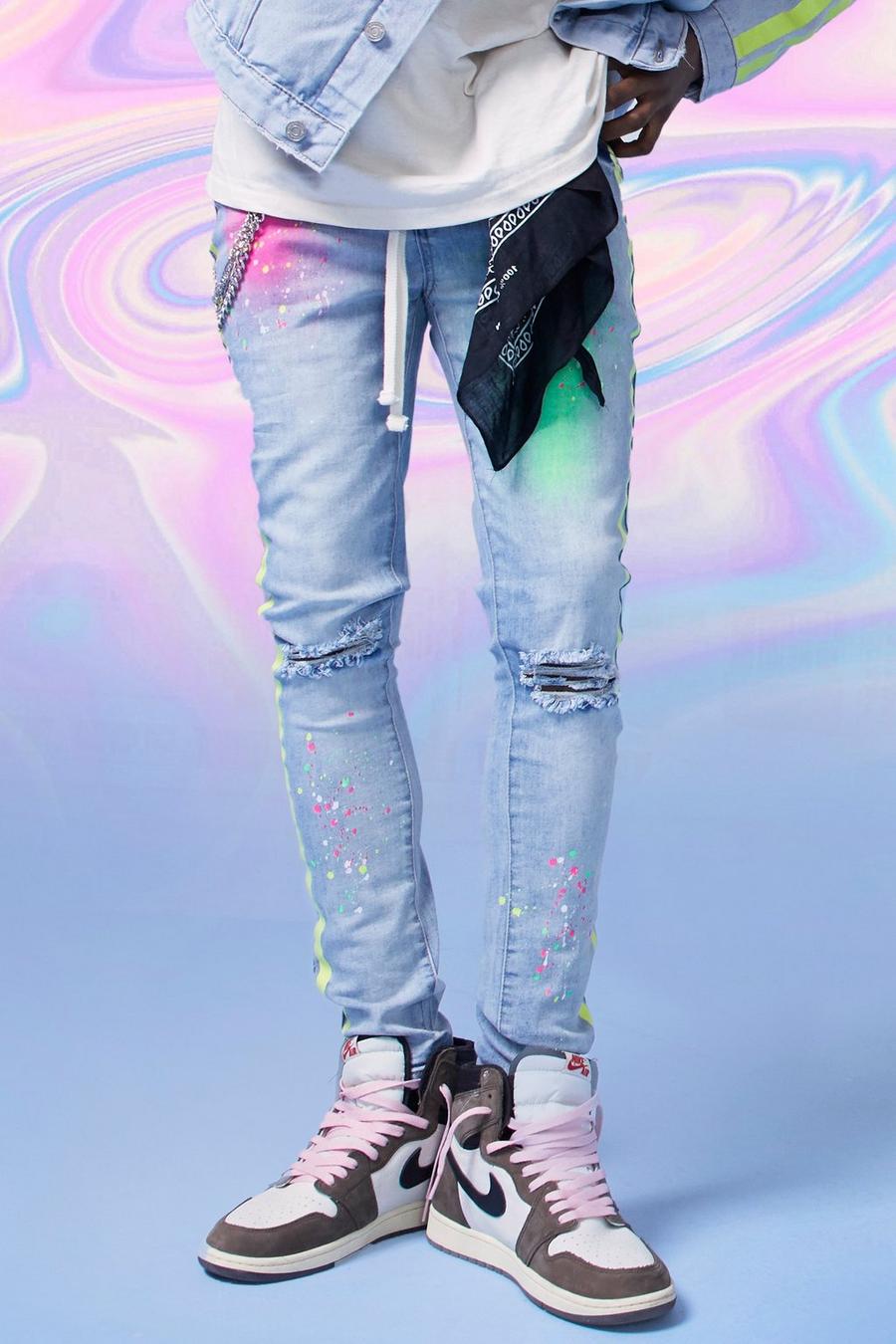 Light blue Super Skinny Spray Paint Jeans With Chain image number 1