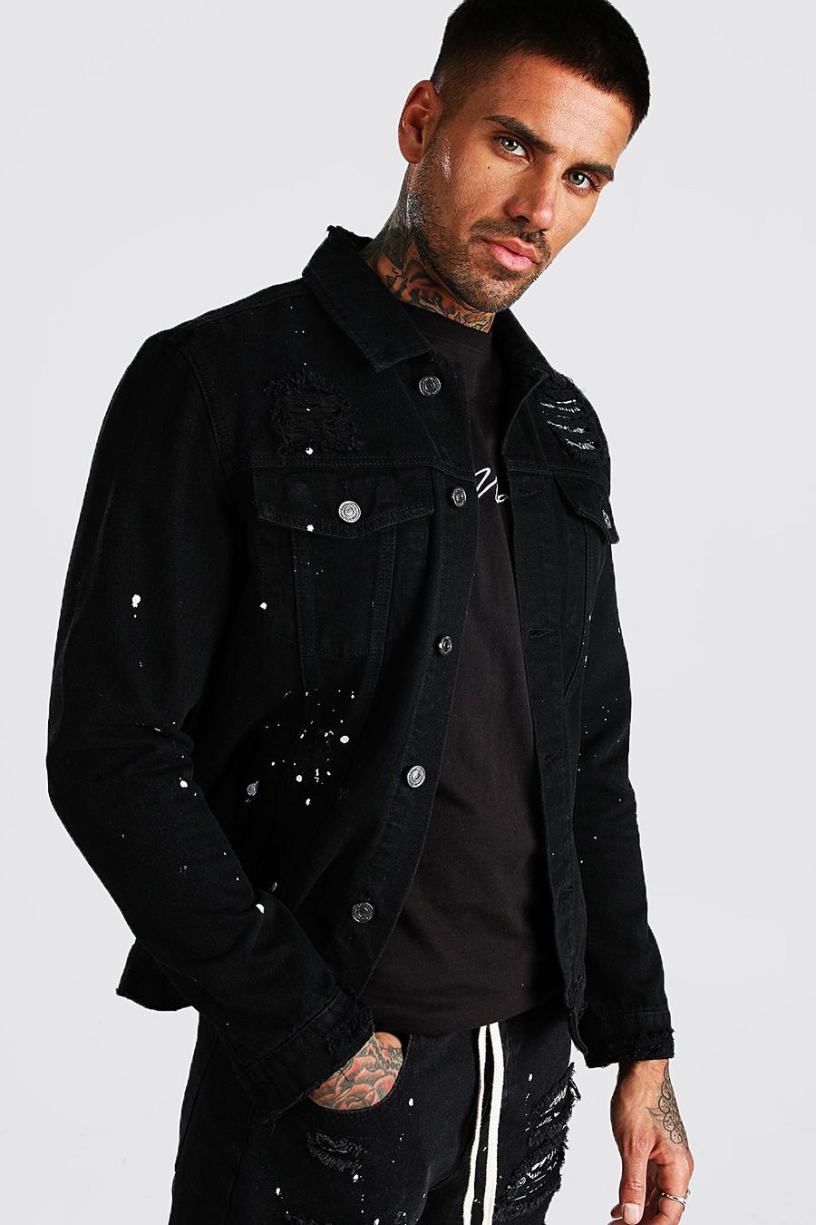 Washed black Paint Splatter Denim Jacket With Bandana image number 1