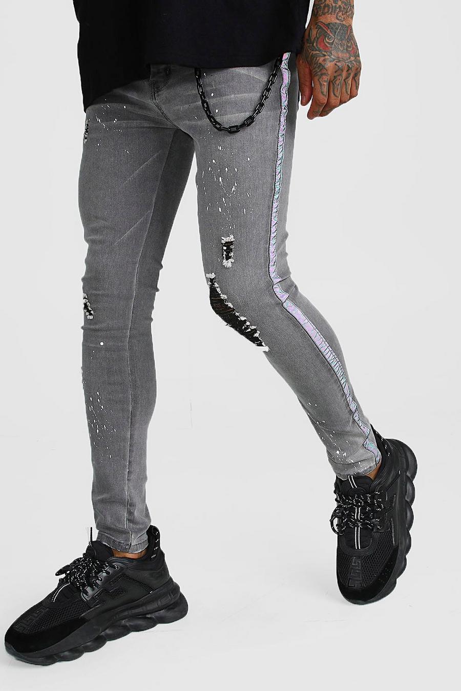 Jeans super skinny effetto consumato con banda laterale riflettente image number 1