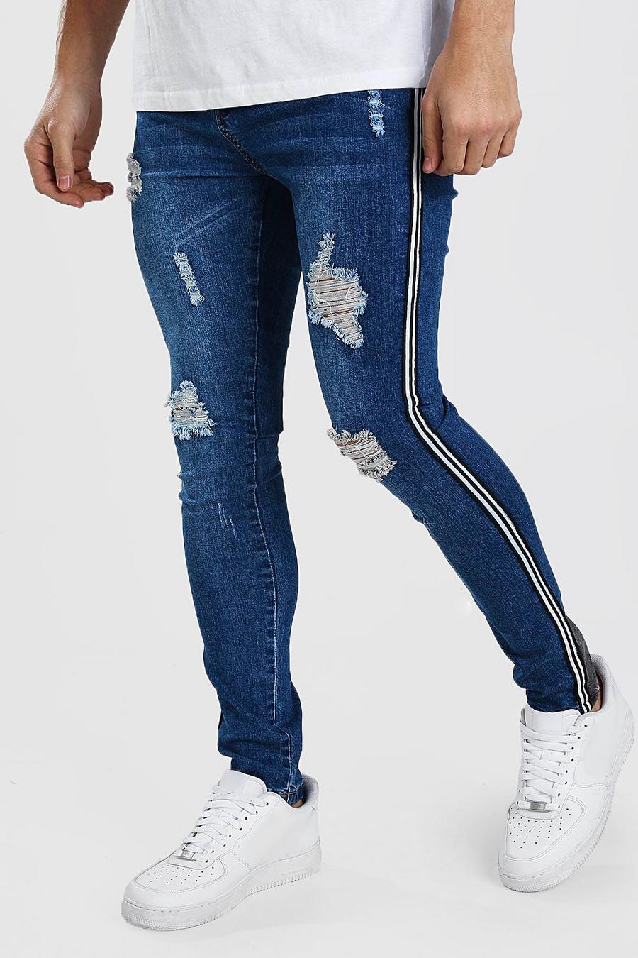 Mid blue Super Skinny Ripped Jeans With Tape image number 1