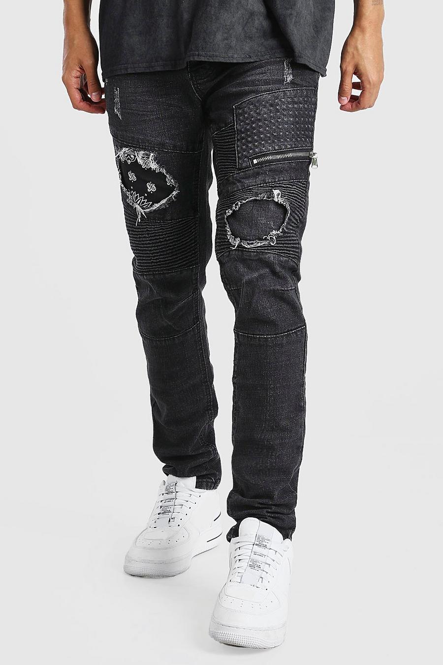 Charcoal Super skinny biker jeans med bandanadetaljer image number 1