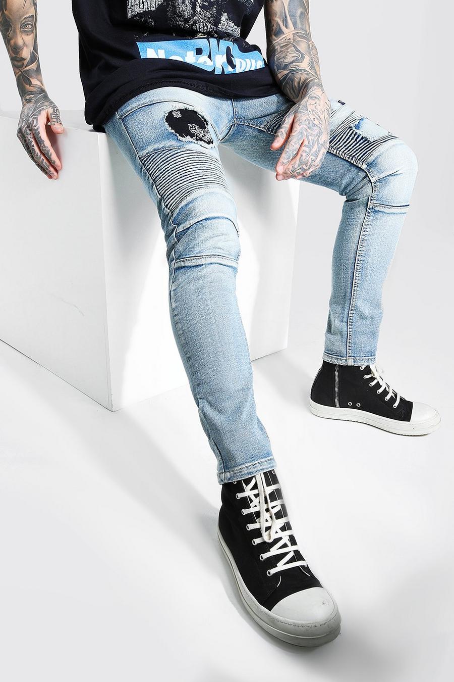 Blue Super skinny biker jeans med bandanadetaljer image number 1
