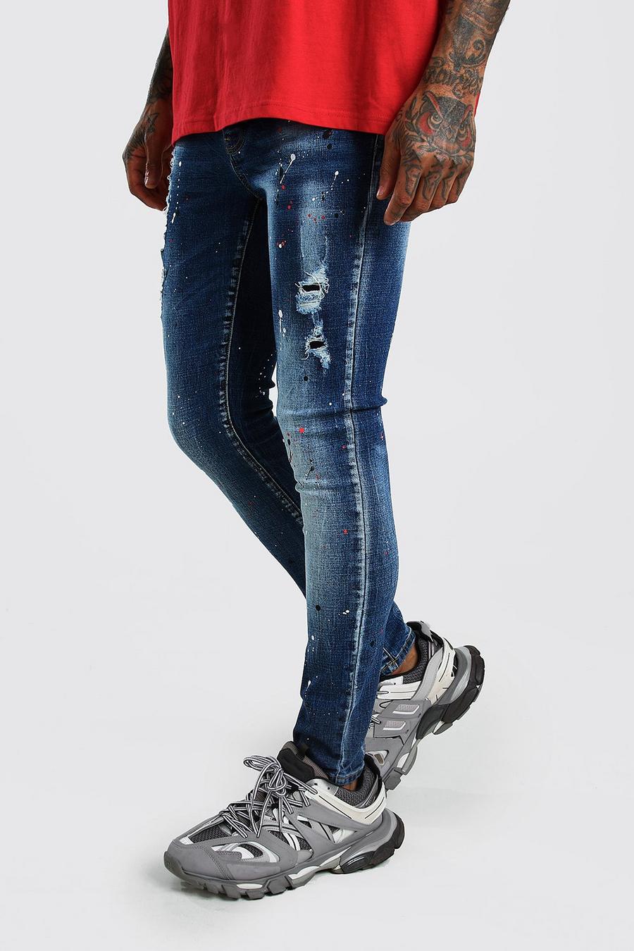 Super Skinny Jeans mit Rissen und Farbspritzern in gebleichter Waschung, Blau image number 1