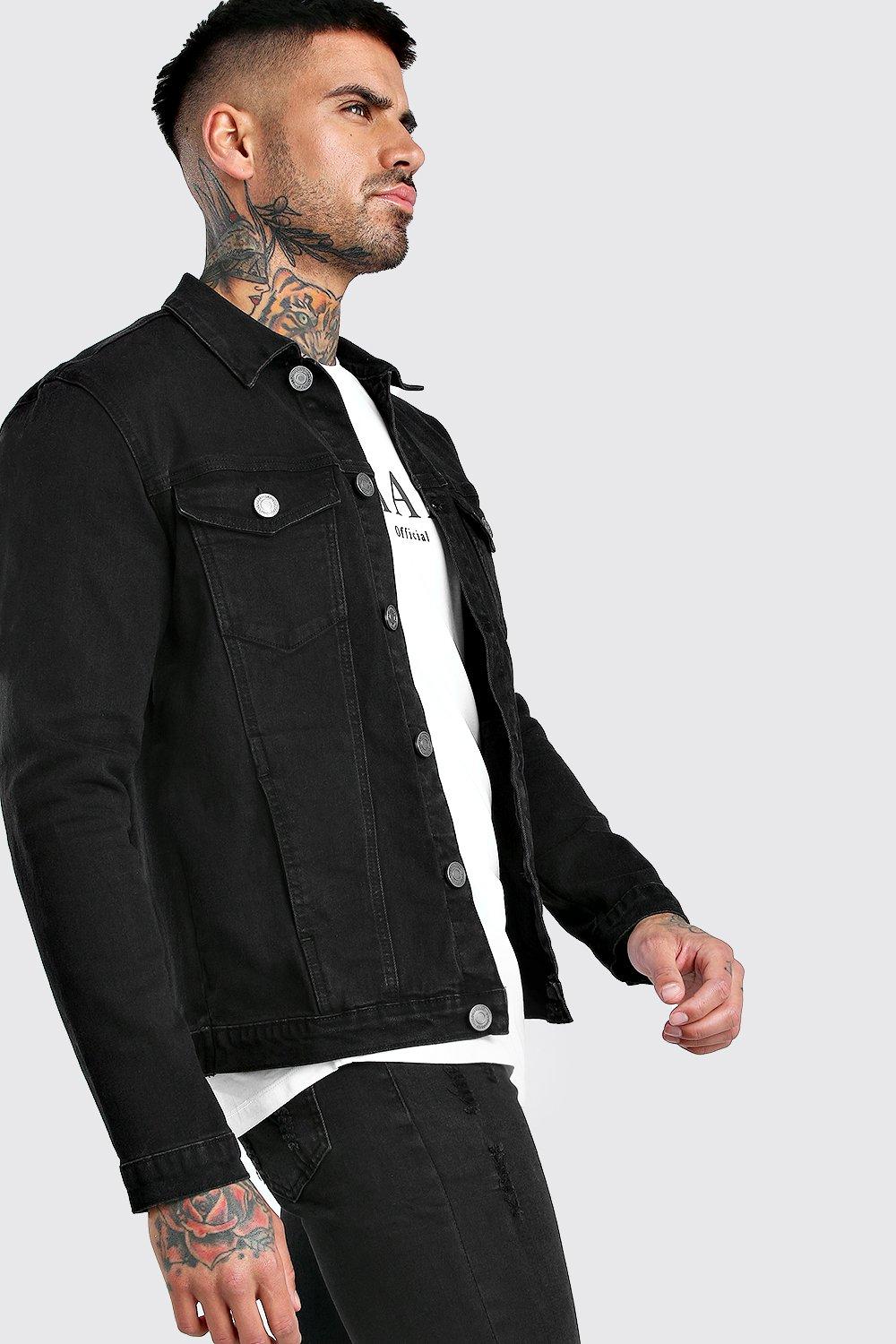 Black muscle fit denim jacket hotsell