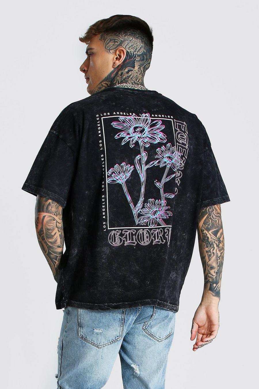 Camiseta ancha con lavado ácido con estampado floral en la espalda, Lavado vintage azzurro image number 1