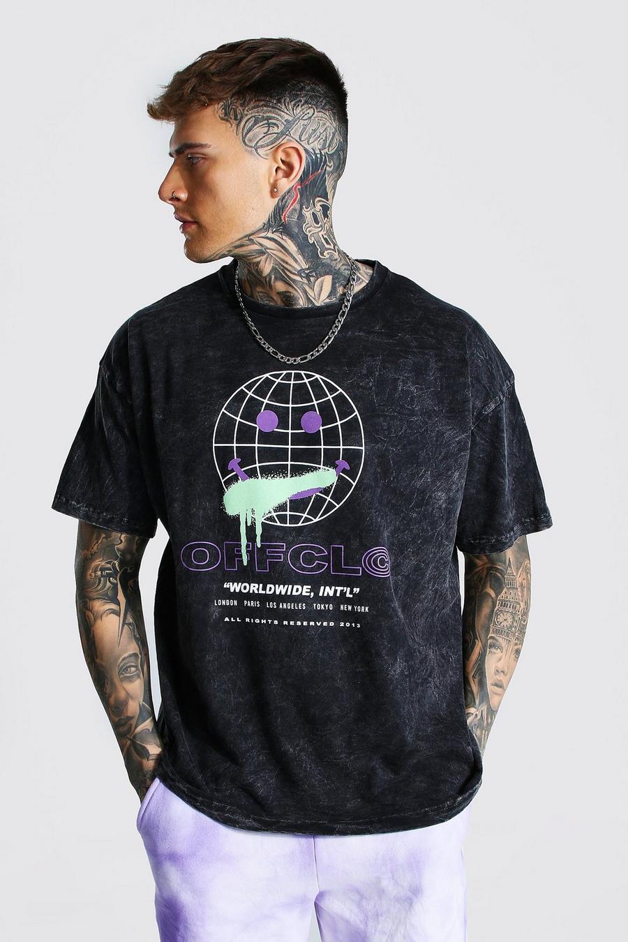 Vintage wash Oversize stentvättad t-shirt med jordglob image number 1