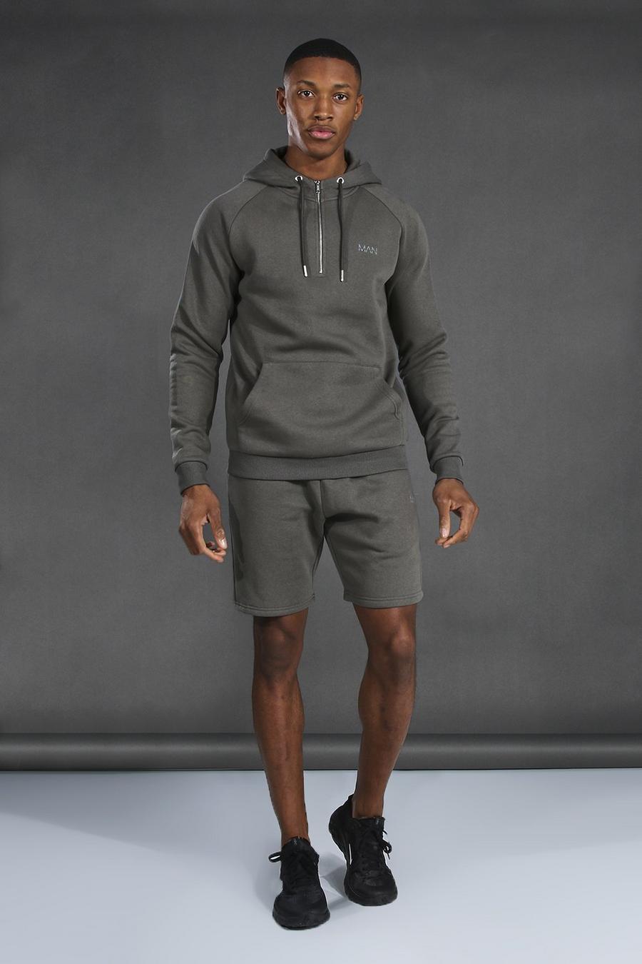 Khaki Active Gym Tapered 1/4 Zip Short Tracksuit image number 1