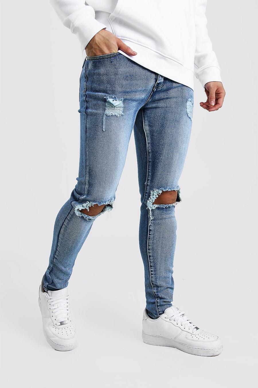Blue Super Skinny Bleached Jeans With Busted Knees image number 1