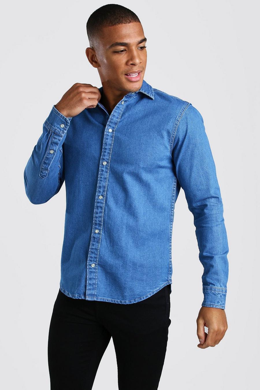 Mid blue Long Sleeve Muscle Fit Denim Shirt image number 1