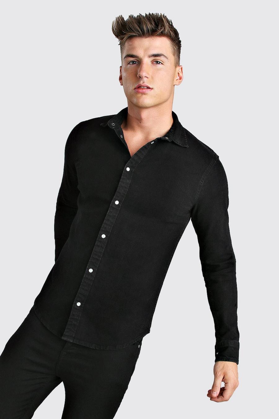 Black Long Sleeve Muscle Fit Denim Shirt image number 1