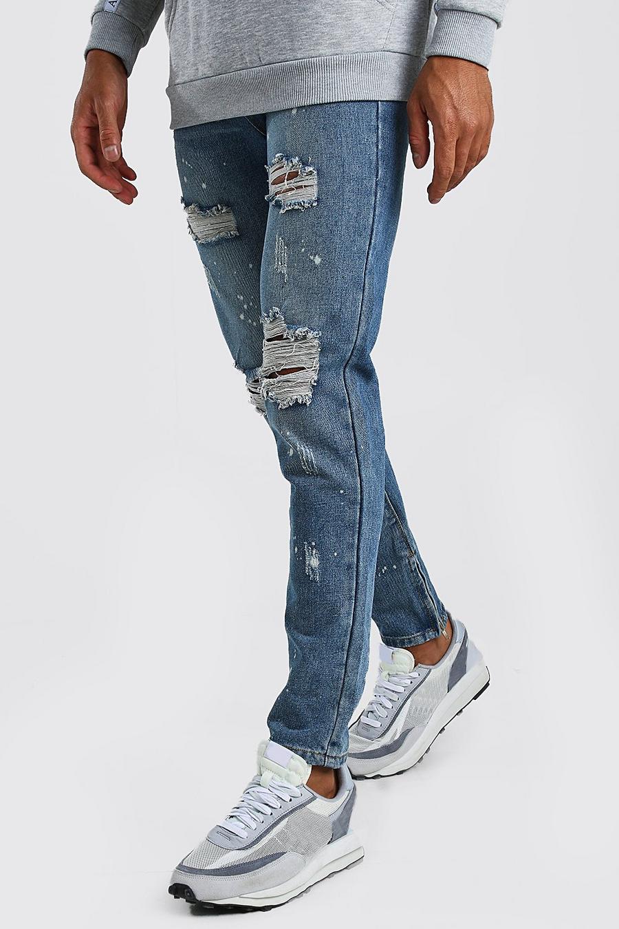 Mid blue Skinny Rigid Ripped Jeans With Bleach Splatter image number 1