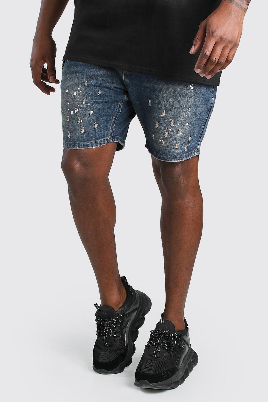 Pantalones cortos vaqueros con salpicaduras de pintura Slim Fit talla Plus, Lavado oscuro image number 1
