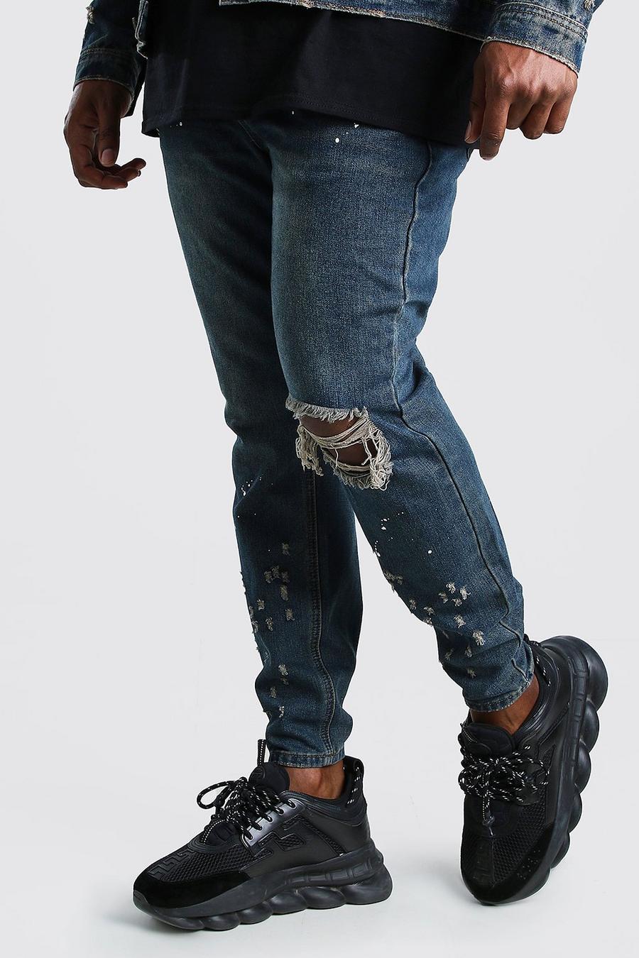 שטיפה כהה סופר סקיני ג'ינס עם קרעים בברך לגברים גדולים וגבוהים image number 1