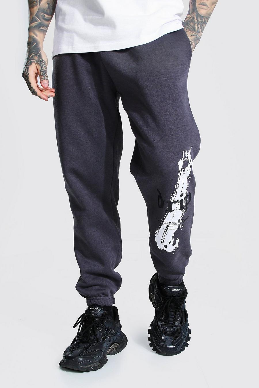 Pantalones de deporte con estampado goteante en la pierna de ajuste estándar, Gris marengo image number 1