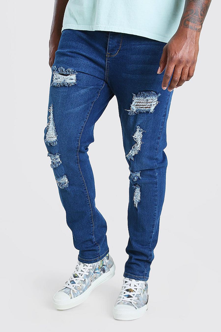 כחול ביניים סקיני ג'ינס עם קרעים מרובים לגברים גדולים וגבוהים image number 1