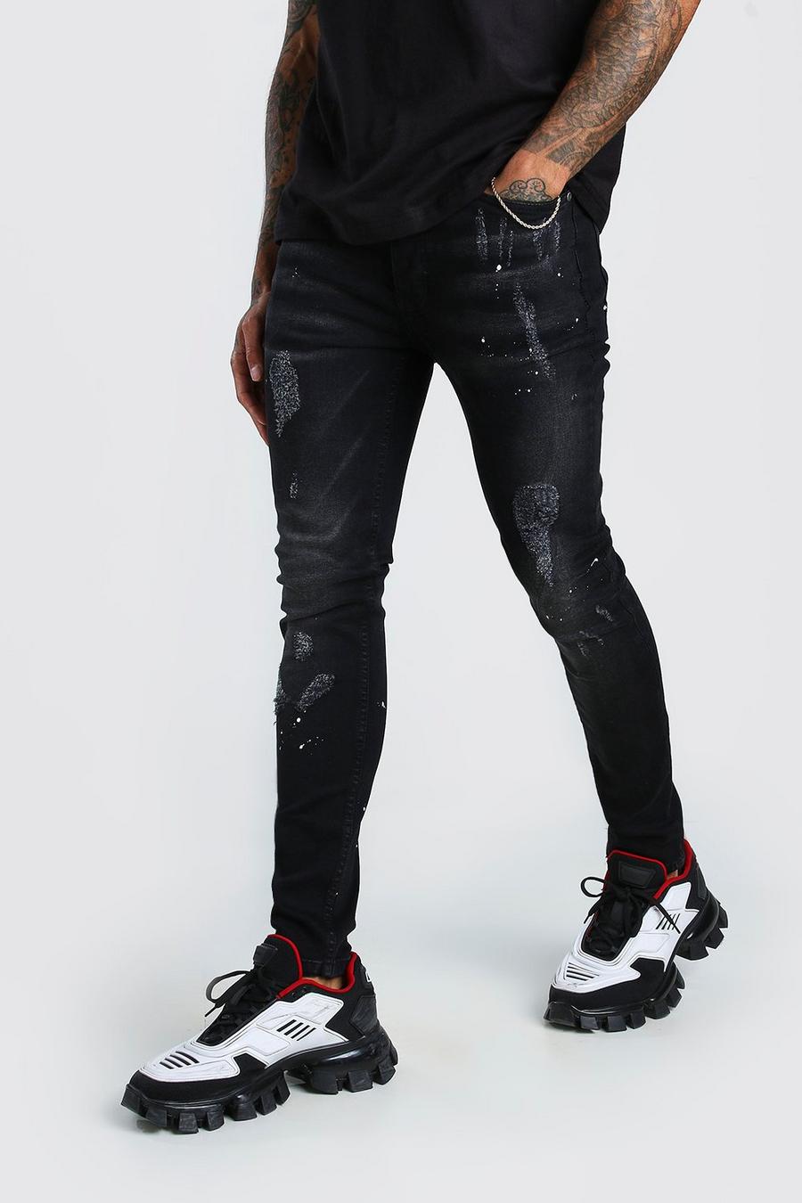 שחור דהוי סופר סקיני ג'ינס עם קרעים וכתמי צבע 