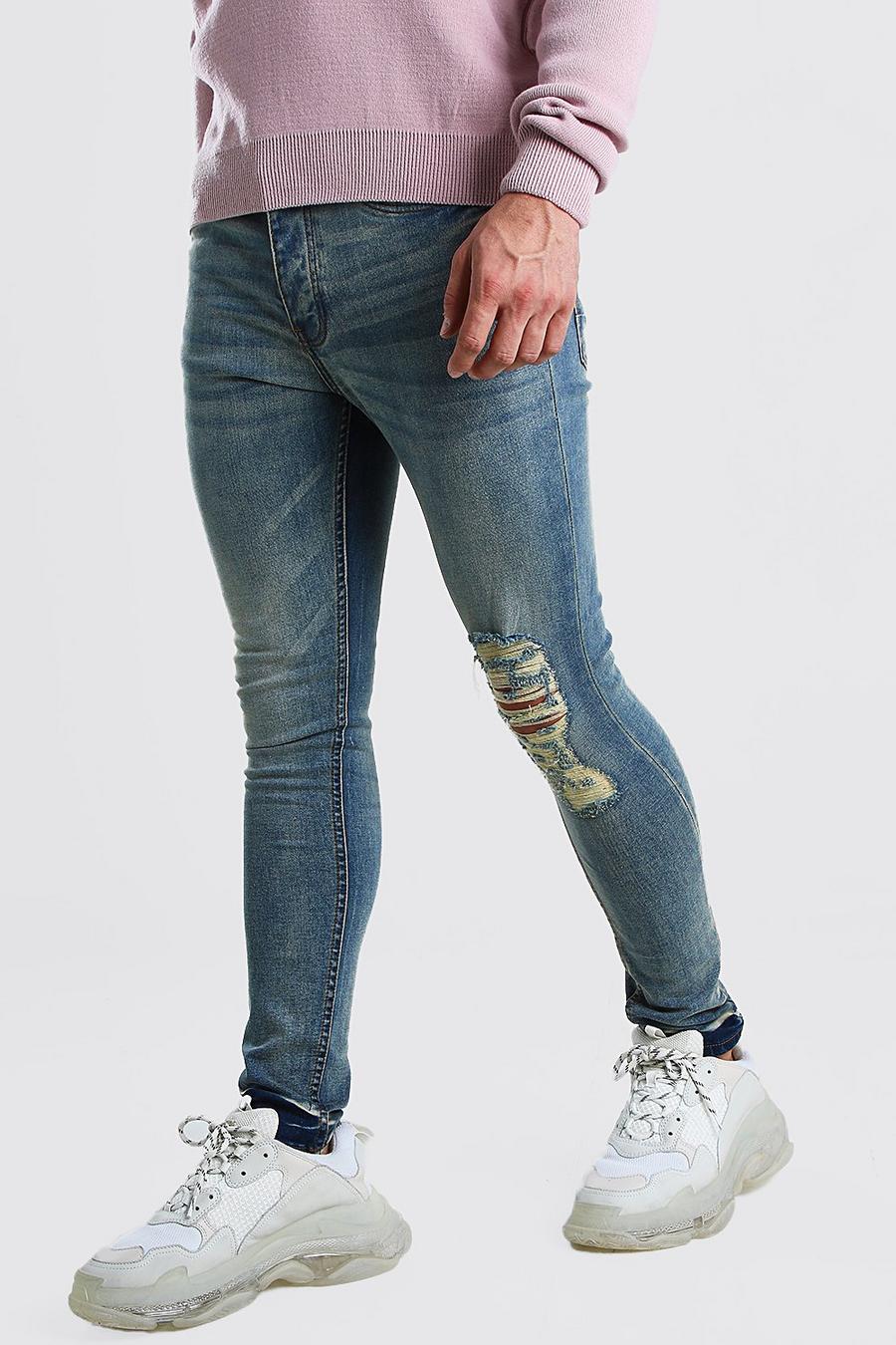 Blue blå Super Skinny Bleach Wash Jeans With Rip Knee image number 1