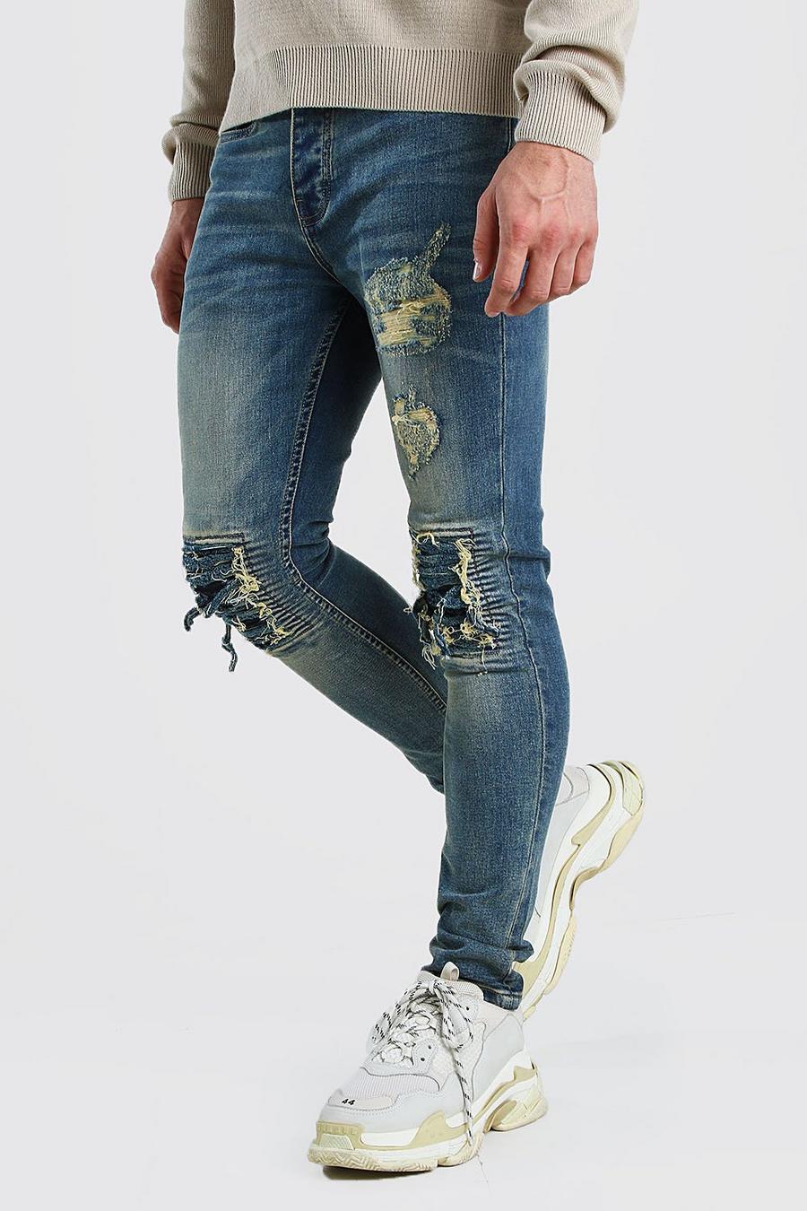 Vintage blue Super skinny jeans med slitage och bandanadetaljer image number 1