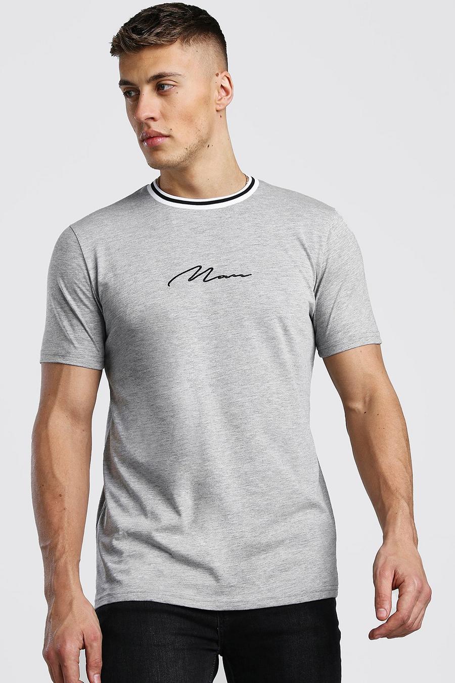 Grijs MAN Signature T-shirt met sportieve geribde hals image number 1