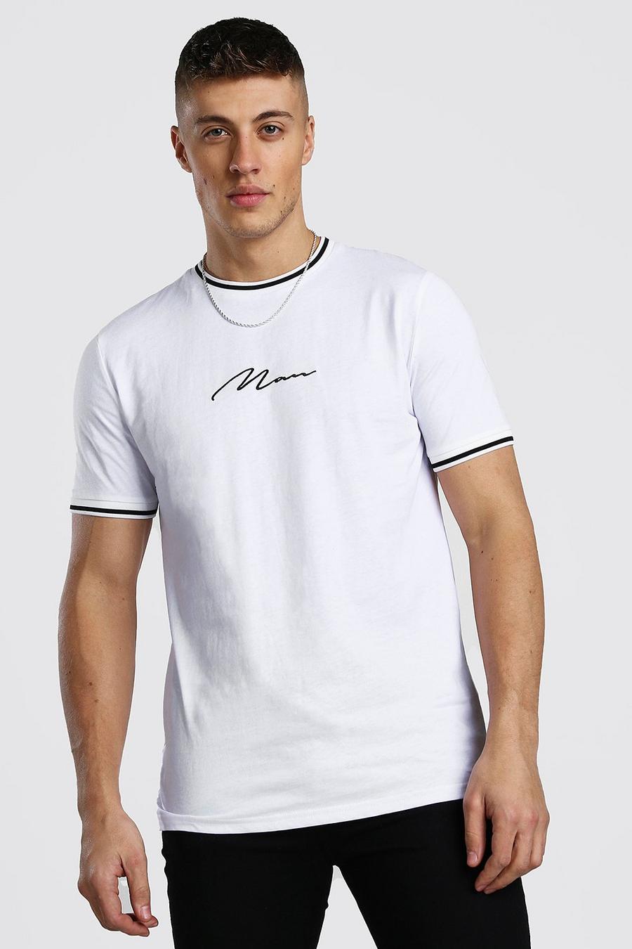 Camiseta con cuello y puños en canalé deportivo de la firma MAN, Blanco image number 1
