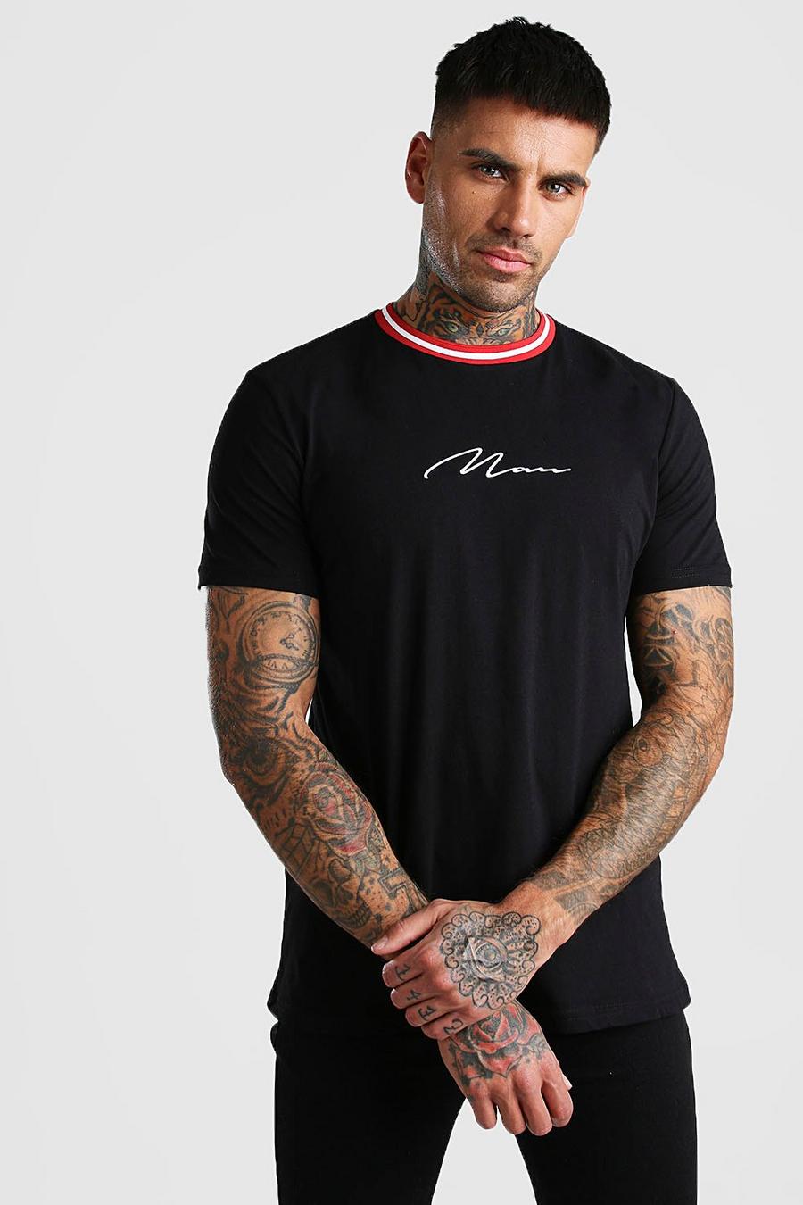 Black MAN Signature T-shirt med sportig halsmudd image number 1