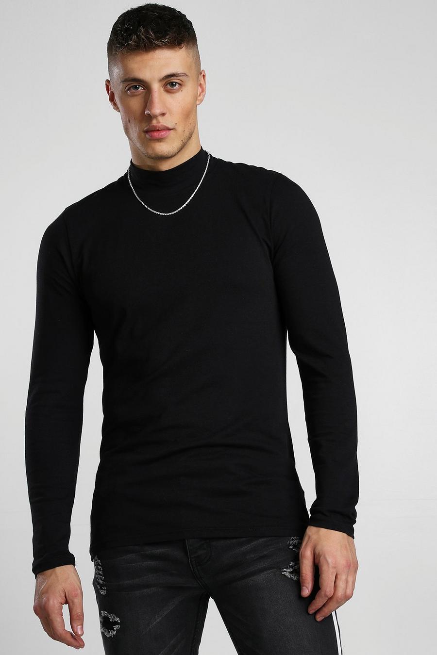 Langärmeliges Muscle-Fit T-Shirt mit Rollkragen, Schwarz image number 1
