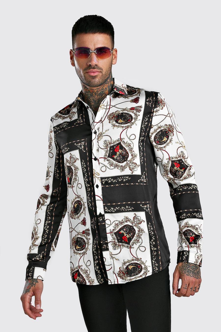 Camisa en satén de manga larga con estampado barroco satinado image number 1
