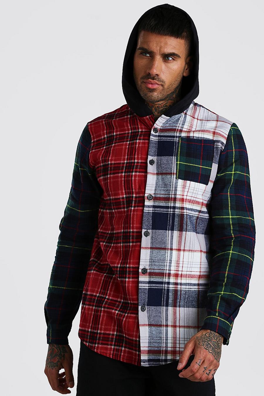 Long Sleeve Mixed Check Shirt With Hood, Multi image number 1