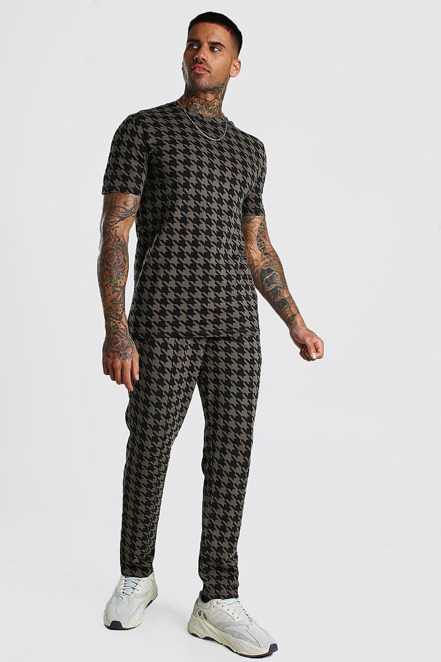 Brown Houndstooth Muscle T-Shirt And Pintuck Jogger Set image number 1