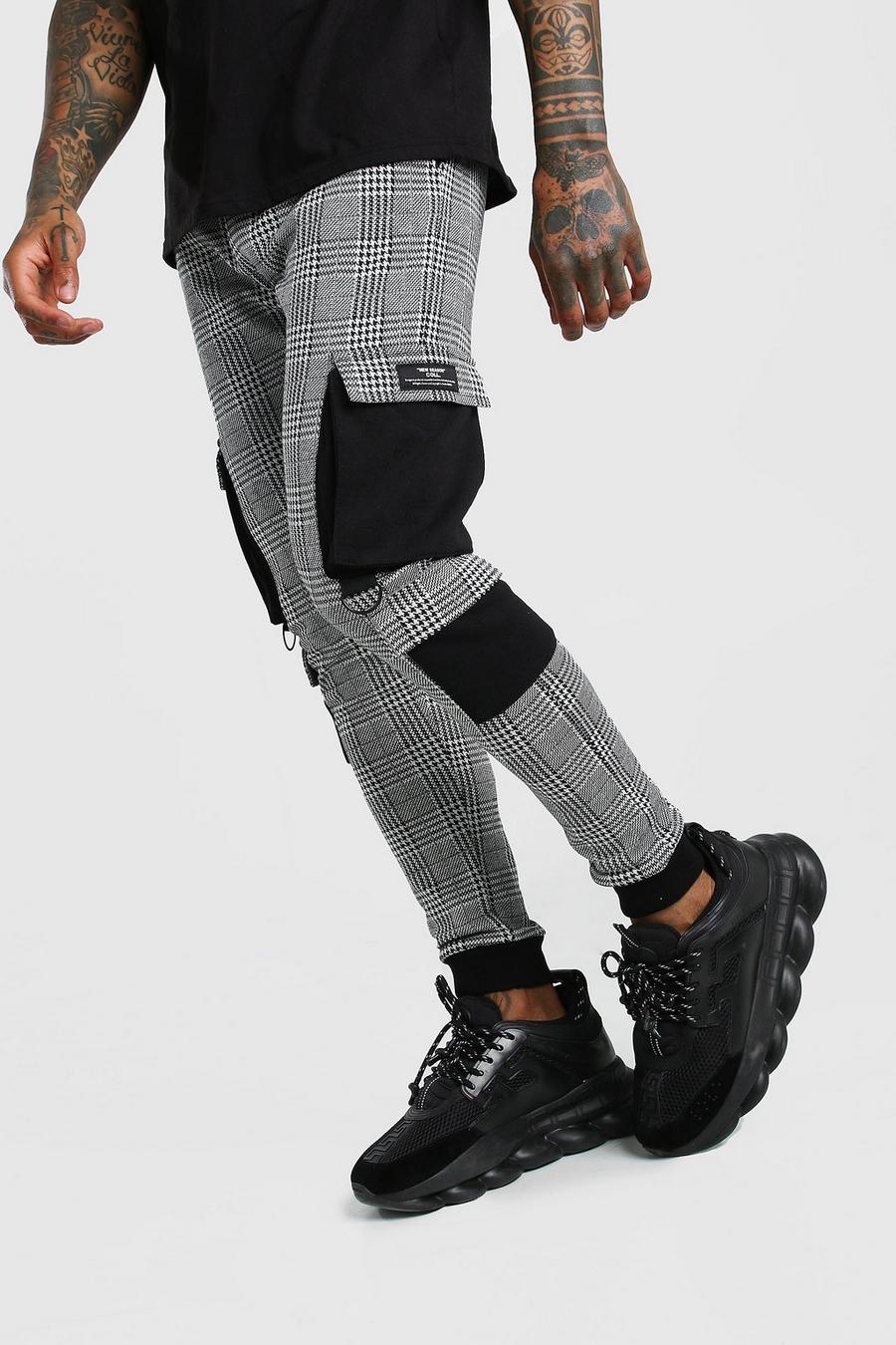 Pantalones de correr estilo militar de jacquard a cuadros con insignia MAN image number 1