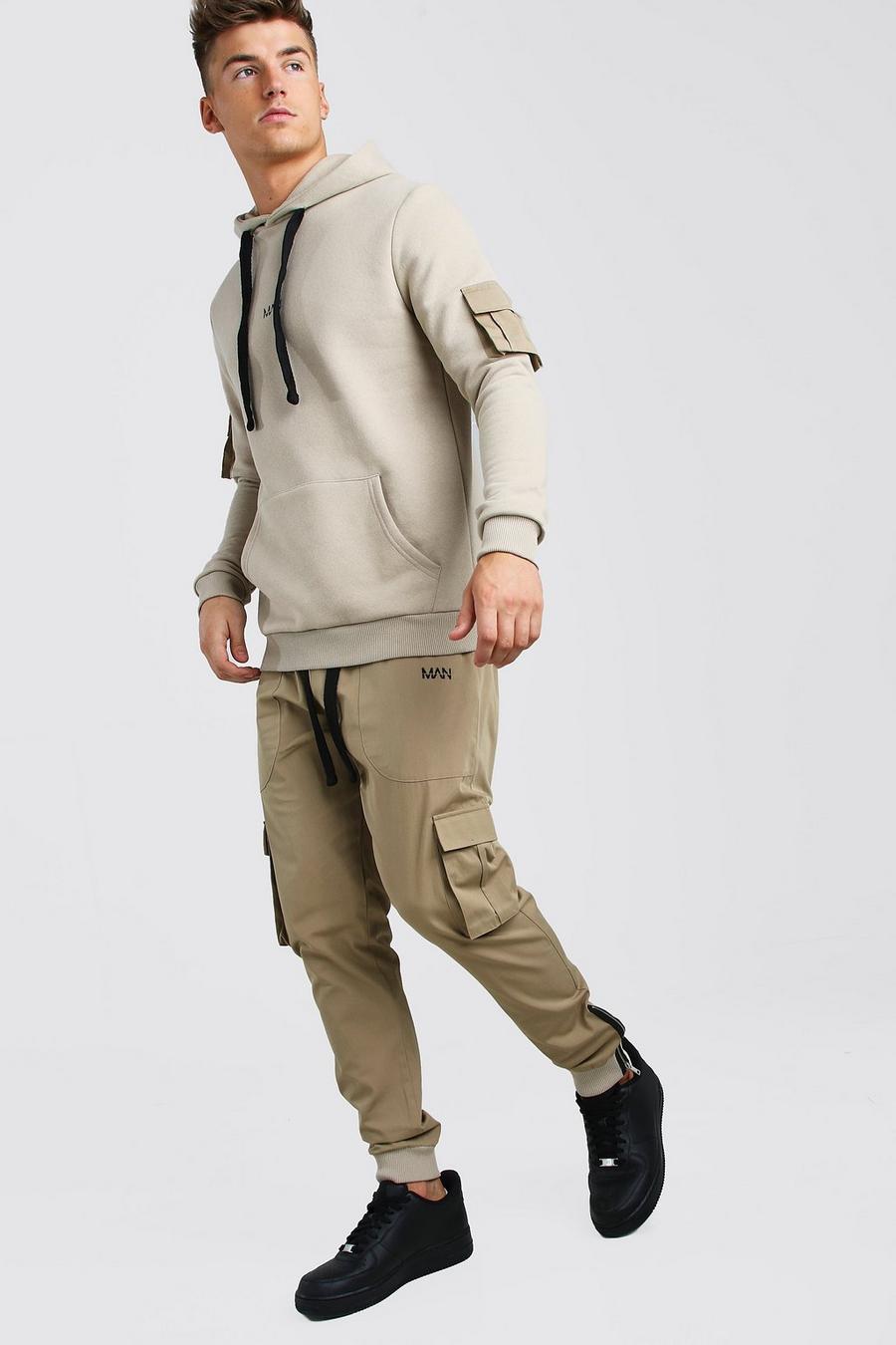 Conjunto de pantalones de correr de sarga y sudadera con capucha estilo militar Original MAN, Caqui image number 1