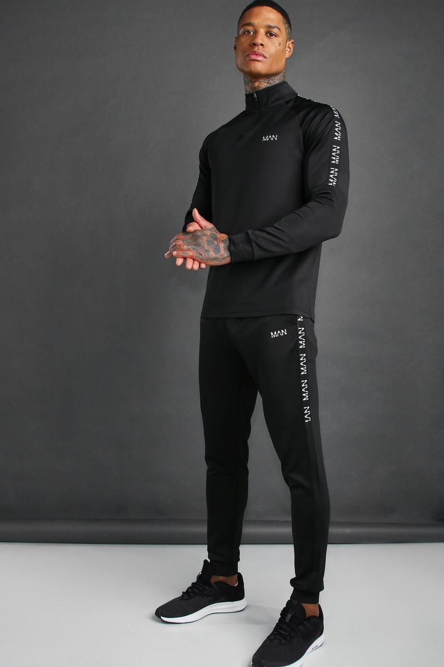 Black MAN Active Skinny Fit Tracksuit With Tape Detail image number 1